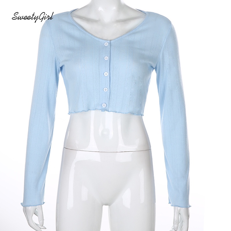 Áo Croptop Tay Dài Cổ Chữ V Cài Nút Màu Sắc Trơn Quyến Rũ Cho Nữ