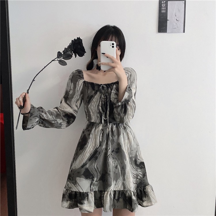 D60 - ĐẦM BIGSIZE TAY DÀI HỌA TIẾT MỰC LOANG