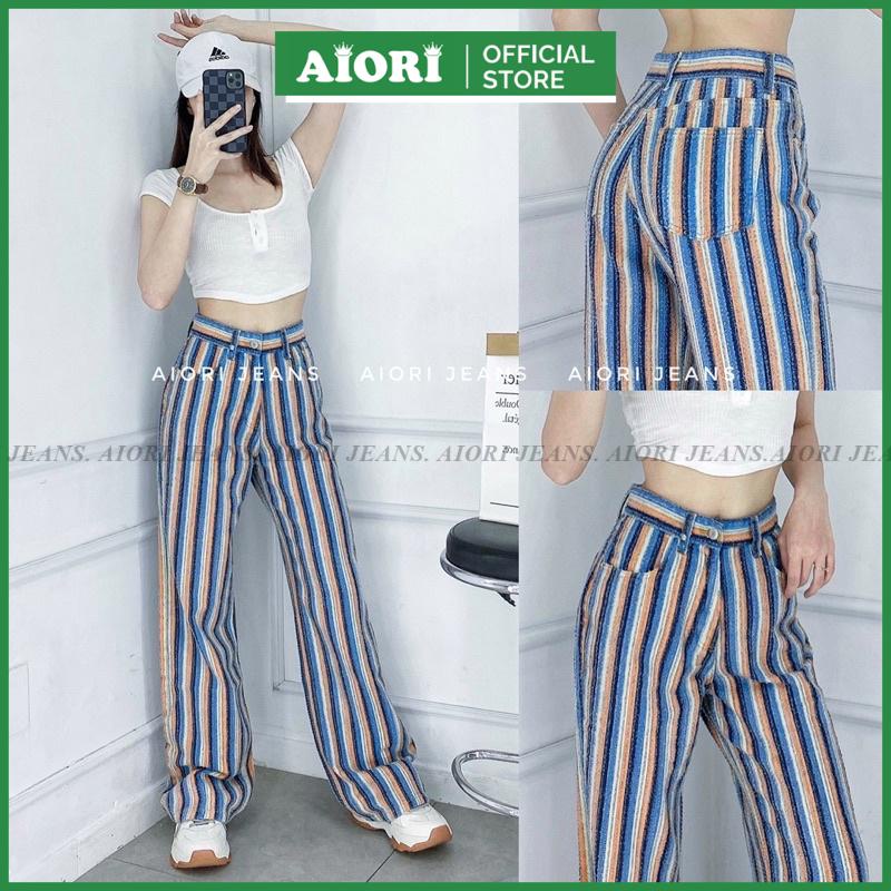 Quần Jean Nữ Ống Rộng Cao Cấp Kẻ Sọc Dọc Màu Sắc Aiori Jeans_Mã S284