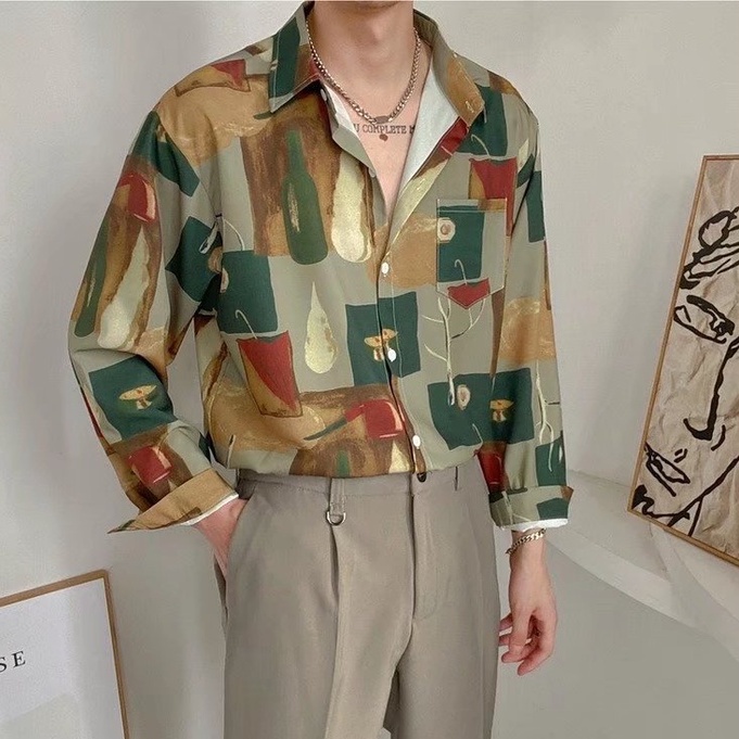 Áo Sơ Mi Tay Dài Họa Tiết Vintage Thời Trang Cho Nam Unisex áo nam đẹp Fashion áo sơ mi nam form rộng Simple  áo sơ mi nam hàn quốc