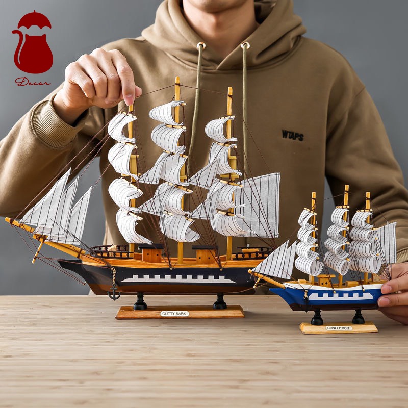 Mô hình thuyền gỗ Ô DECCOR, tàu mô hình gỗ 3D thuận buồm xuôi gió kèm đèn nháy trang trí nhà cửa