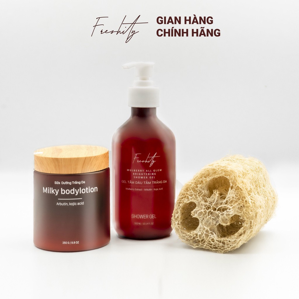 Combo sữa dưỡng thể và gel tắm trắng da Freshity Milky Body Lotion 250g và Mulberry All Glow Brightening Shower Gel 300m