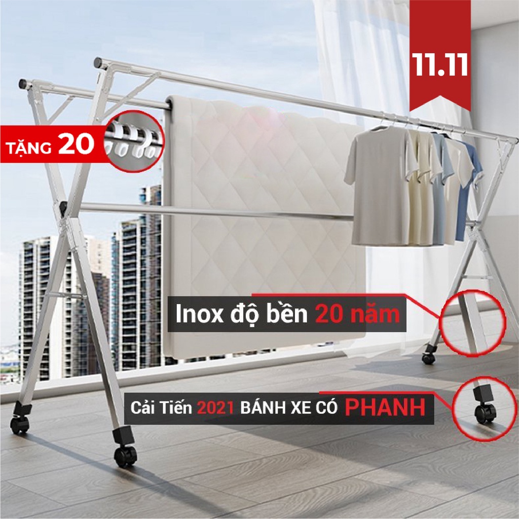 Giàn phơi quần áo thông minh loại sào phơi đồ có bánh xe di chuyển, cây giá treo inox tặng 20 móc  chống bay