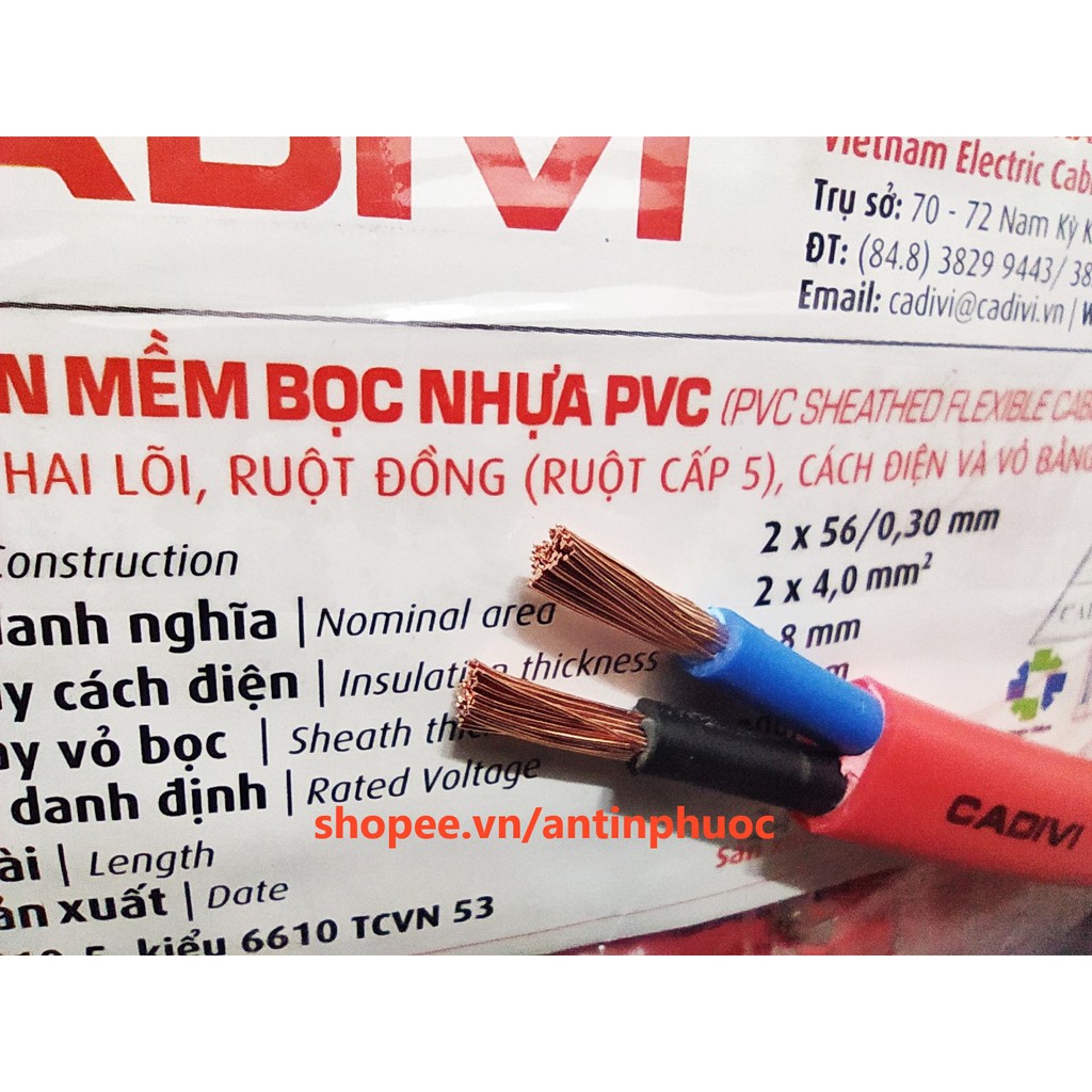 Dây điện đôi mềm dẹp ( 2 lớp vỏ ) Cadivi 2 x 4 mm (Vcmo 2x56/0.3) - bán lẻ cuộn 5 mét ,10 mét