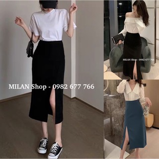 Chân váy dài qua gối sẻ lệch vải mát trơn mượt Quảng Châu