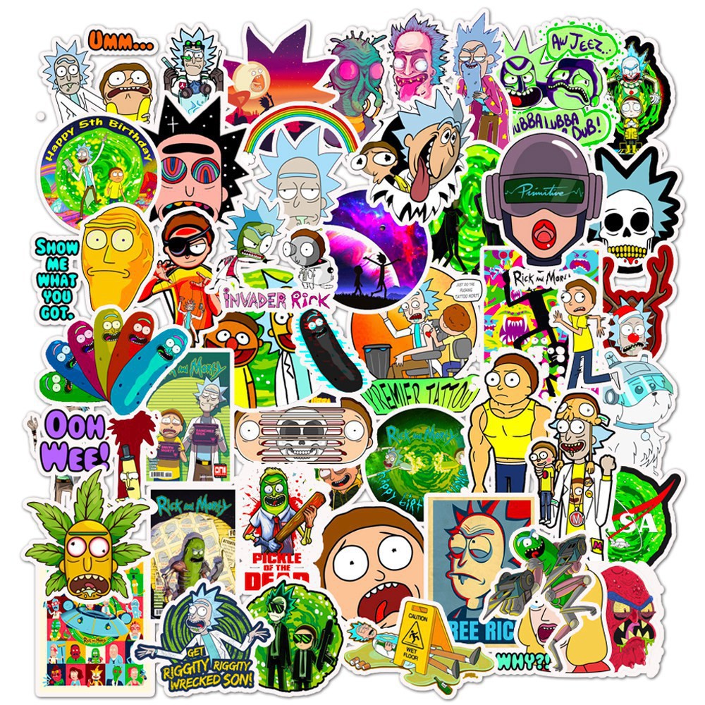 SET 50 MIẾNG STICKER 420 RICK AND MORTY SIÊU CHẤT CHỐNG NƯỚC DÁN NÓN BẢO HIỂM, LAPTOP, VALI, TỦ, BÀN HỌC, XE MÁY