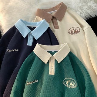 Áo sweater polo unisex - Hinata97 - Áo dáng rộng cổ bẻ tay dài chất vải Cotton tổ ong phong cách Ulzzang 2 màu