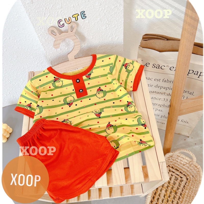 Bộ  cộc tay cổ trụ  chất thun lạnh in họa tiết mặt cười cho bé (size 8-18kg) BC2