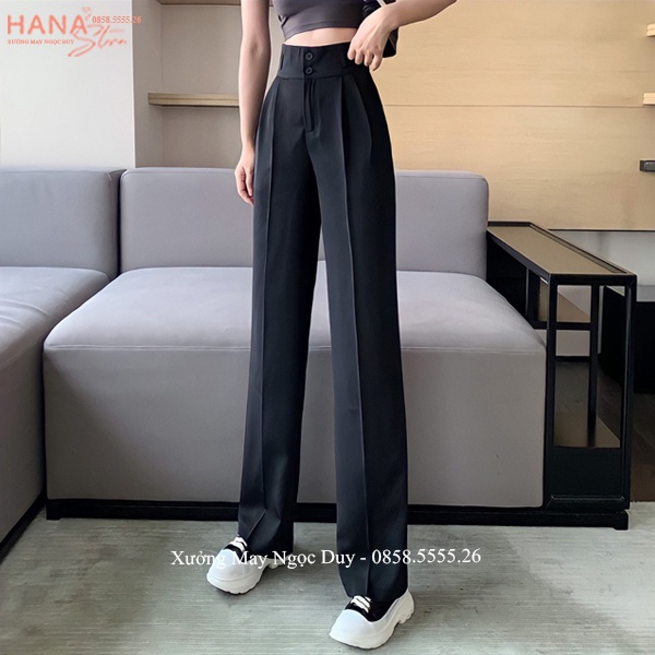 Quần ống rộng nữ lưng cao 2 khuy mới dài 100cm cạp 7cm cao dáng quần ống suông đi học công sở biển cá tính vải đen mềm