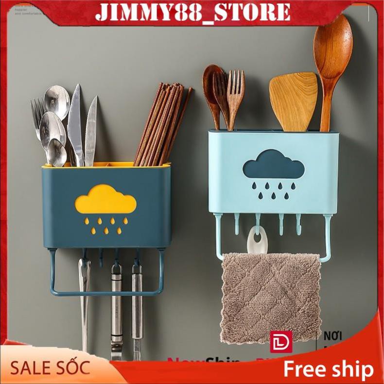 Kệ đựng đũa đẹp dán tường hình đám mây ống đũa dễ thương, cute có 4 móc và khay treo khăn F435 JIMMY88