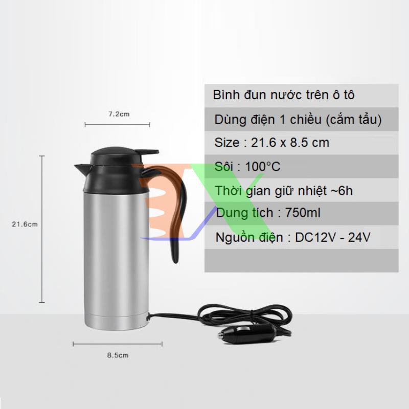 Bình đun nước trên ô tô BN1-750 ml Điện 12V 24V, Ấm siêu tốc trên xe hơi, Phích giữ nhiệt 2 lớp Inox 304