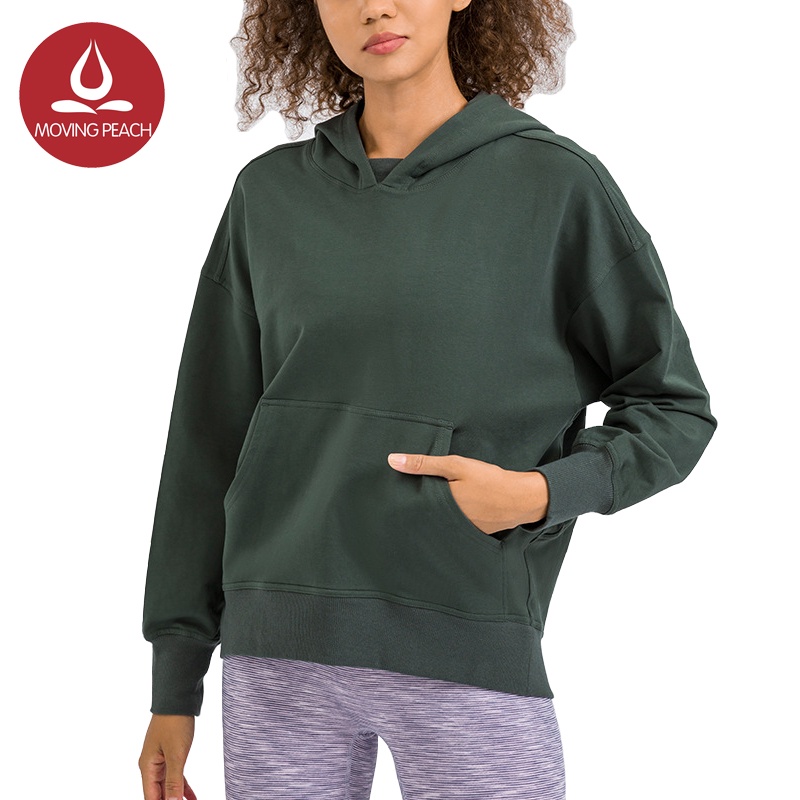 MOVING PEACH Women Sports Hoodie Solid color Loose Yoga Top BSW