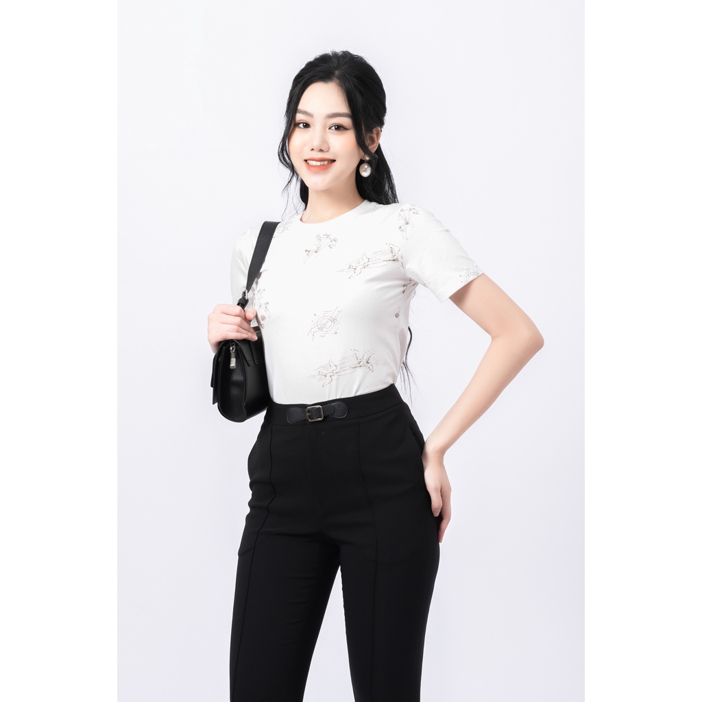 Áo thun nữ FIONA cổ tròn phối borip áo phông cotton tay ngắn dáng suông in hoa màu sắc trẻ trung F521210