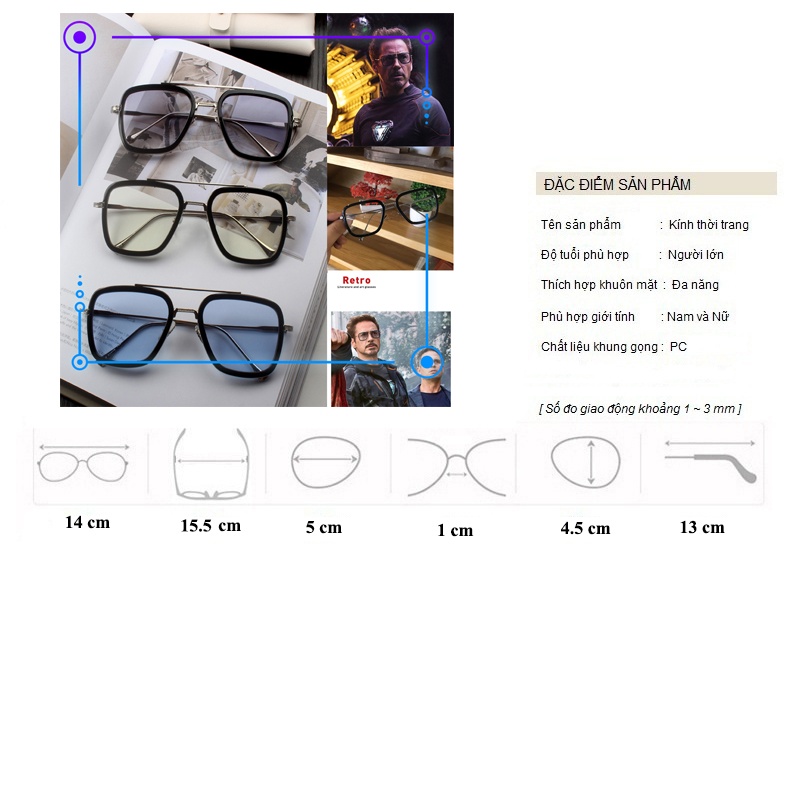 Gọng Kính Kim Loại Thời Trang Iron Man Người Sắt Tony Stark Mắt Màu Chống Tia UV