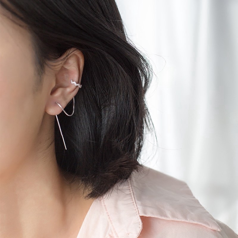 Bông tai dạng kẹp phối dây xích dài đính đá kim cương phong cách Boho thời trang Hàn Quốc cho nữ