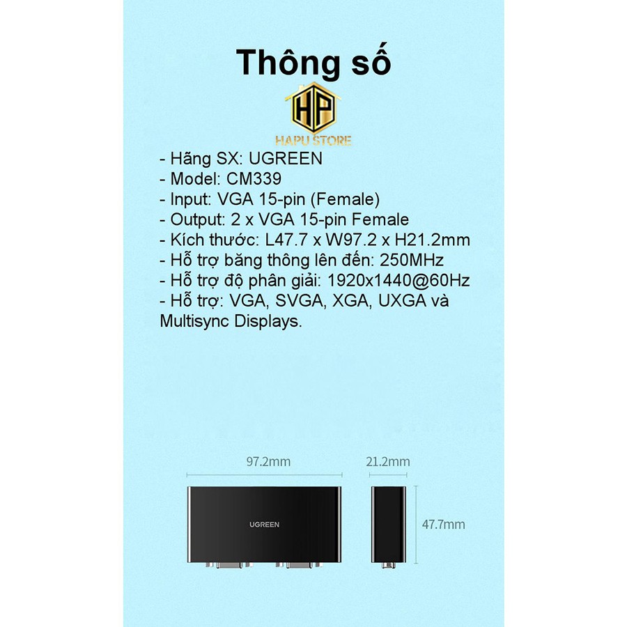 Bộ chia VGA 1 ra 2 Ugreen 80190 chính hãng - Bộ chia tín hiệu tốc độ cao - Hapustore