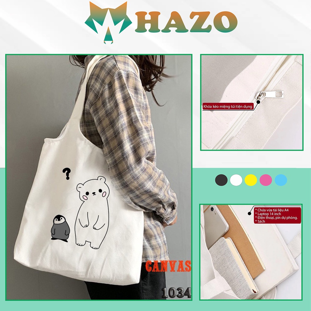 Túi Tote Trắng Chất Vải Canvas 507 1034 Gấu Và Chim Cánh Cụt Dễ Thương Hàng Chuẩn Đẹp - Hazo