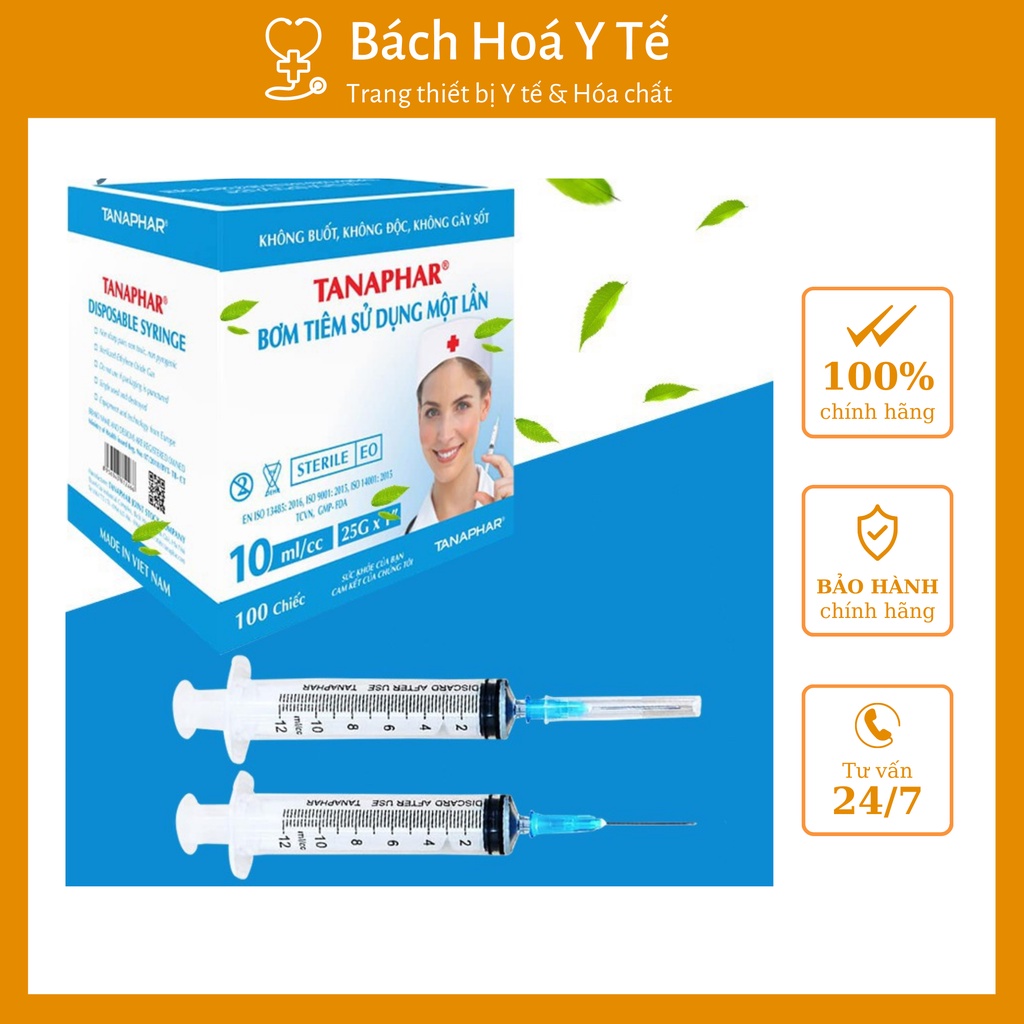 Bơm tiêm dùng 1 lần Việt Nam TANAPHAR bơm 10ml (hộp 100 cái) chính hãng.