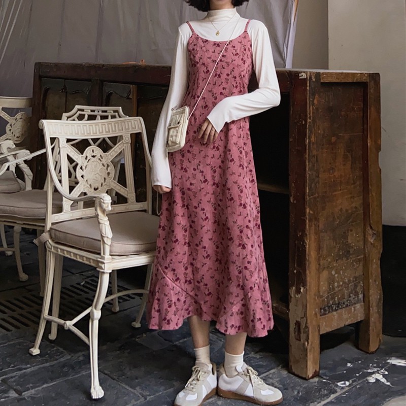 (R2234) váy ulzzang nhung hai dây hoa nhí 2 màu size M L (kèm ảnh khách )