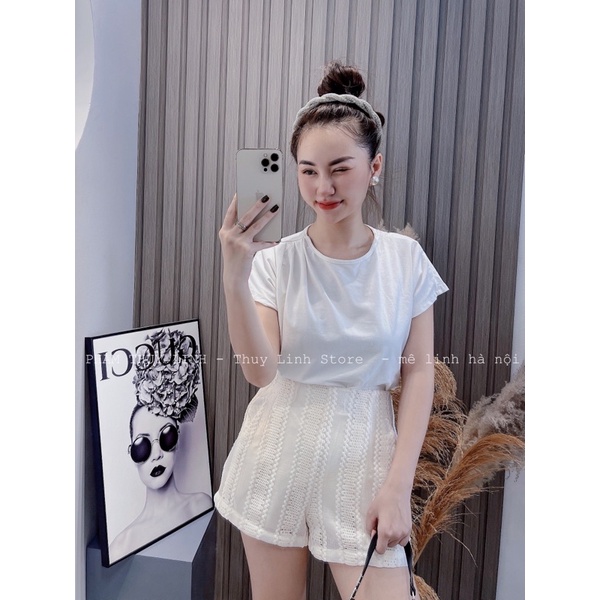 Bộ áo phông trắng + quần ren be
