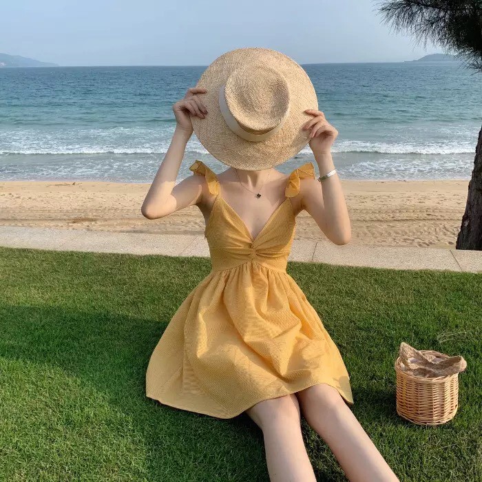 Đầm Cột Nơ Vai Hở Ngực Dáng Xoè Phong Cách Hàn Quốc