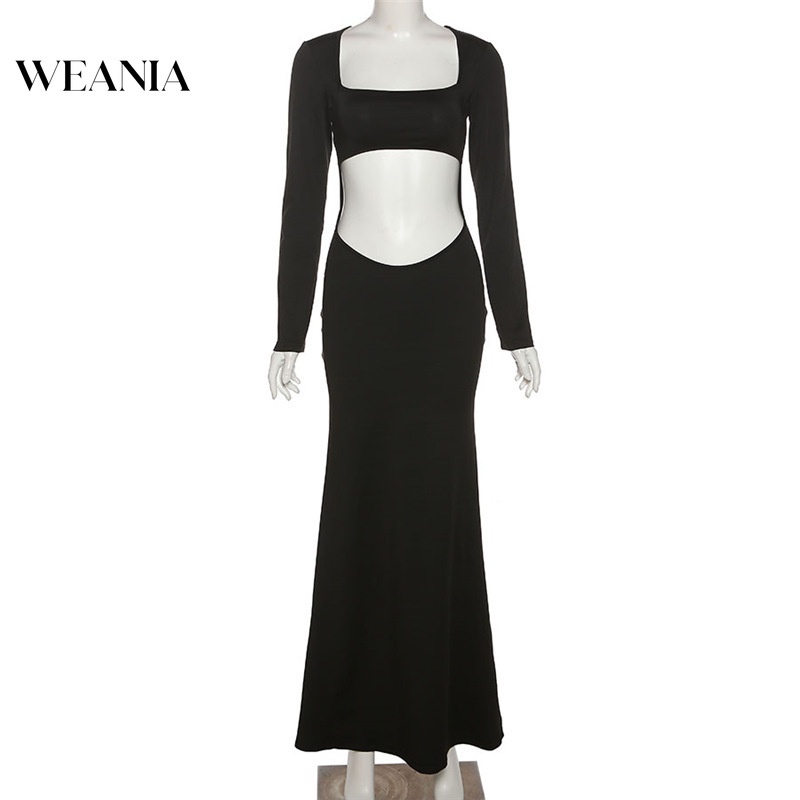 Đầm Dài Tay Cổ Vuông Màu Trơn Thiết Kế Quyến Rũ Thời Trang