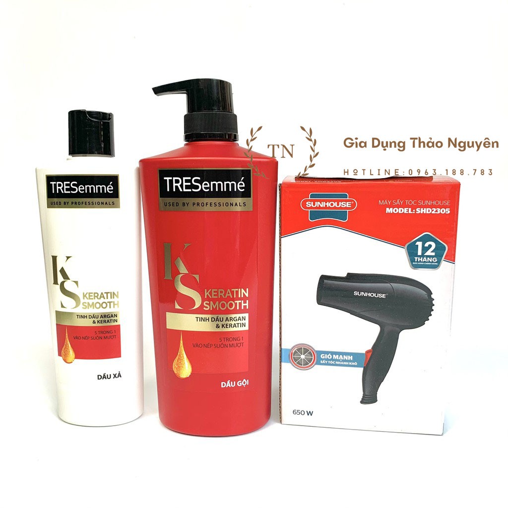 Combo Dầu gội đầu 640g và Dầu xả 340g TRESemmé Keratin Smooth vào nếp suôn mượt (Tặng máy sấy tóc)