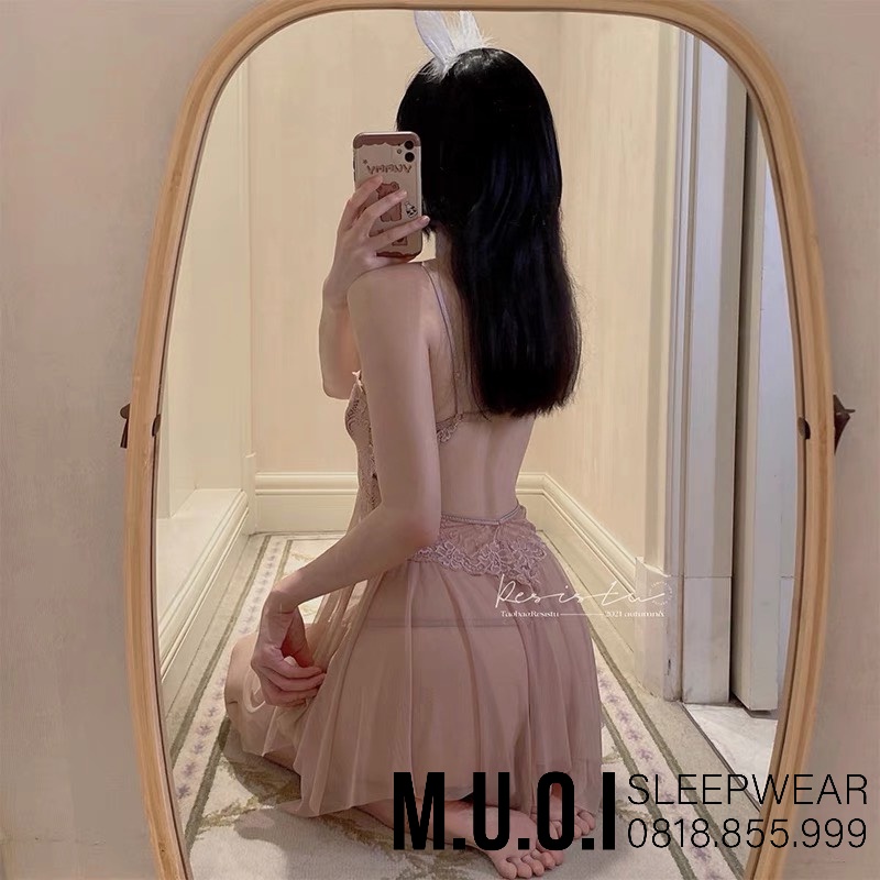 Váy ngủ sexy Quảng Châu[FREESHIP]-Sx 64 Váy ngủ xuyên thấu cup ngang tôn dáng ngực QCCC Muối Sleepwear-sẵn