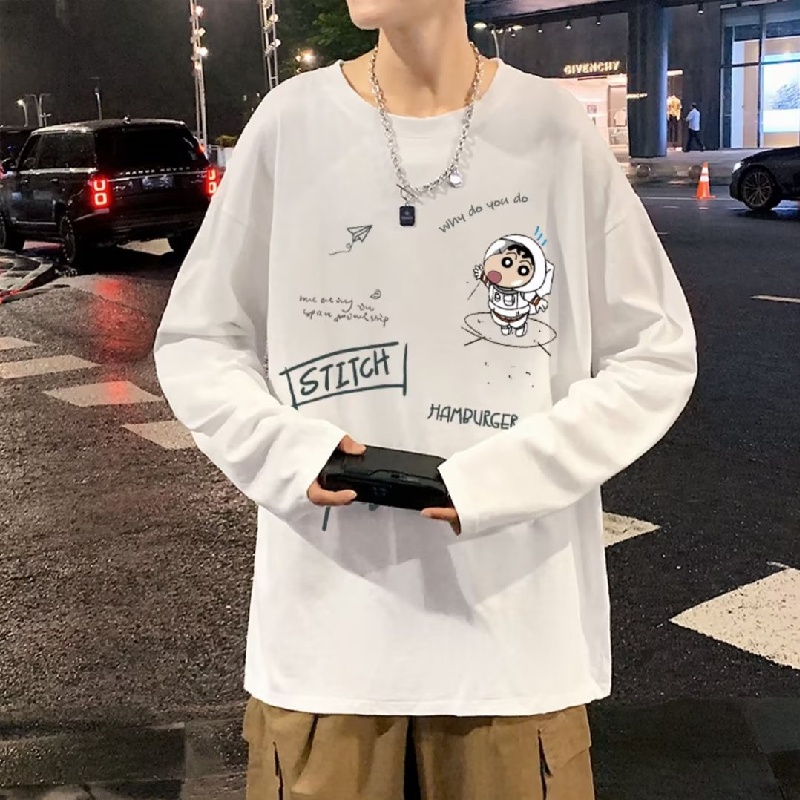 Áo Thun Tay Dài Cổ Tròn Dáng Rộng In Họa Tiết Hoạt Hình Phong Cách Hip Hop Hàn Quốc Thời Trang Cho Nam Size M-5XL