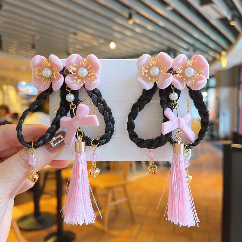 Set 2 Kẹp Tóc Giả Màu Đỏ Mừng Năm Mới Phong Cách Trung Hoa Cho Bé Gái