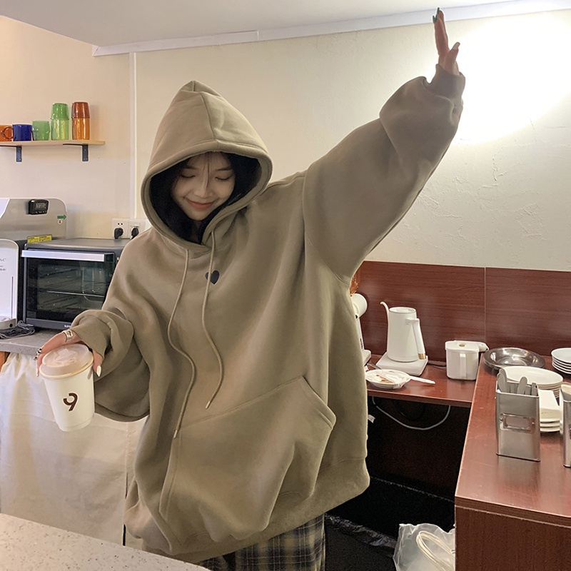 Áo hoodie tay dài dáng rộng màu nâu kaki in họa tiết trái tim thời trang mùa thu 2022 mới