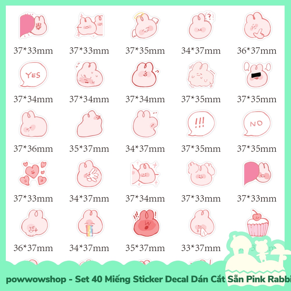 [Sẵn VN - Hỏa Tốc] Set 40 Miếng Sticker Decal Cắt Sẵn DIY Dán Trang Trí Vật Dụng Mẫu Pink Rabbit Emotional Cute