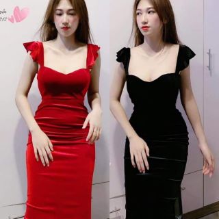 Đầm body nhung tay bèo