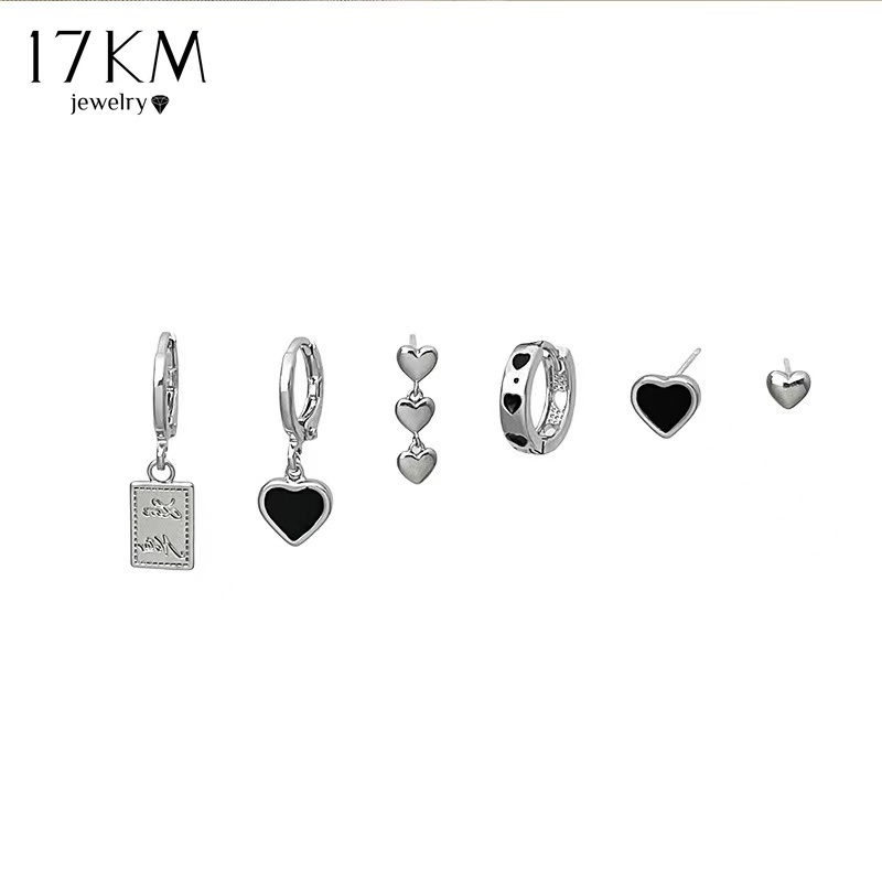 Set 6 khuyên tai 17KM mạ bạc mặt hình trái tim phong cách đơn giản thời trang