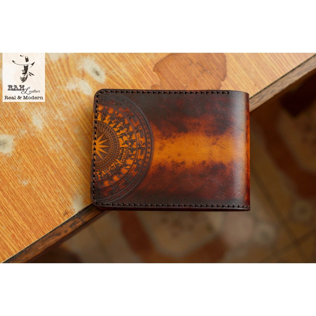 Ví nam Nữ Da Bò Italia Vegtan RAM Leather Màu Nâu Đỏ Trống Vàng
