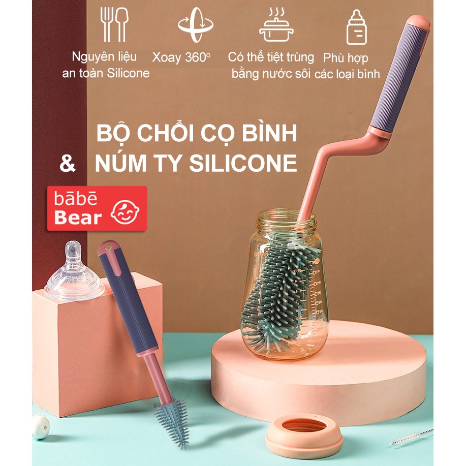 Bộ cọ rửa bình sữa cho bé Silicone Beedol cao cấp Tay cầm xoay 360 độ, cọ núm ti, cọ rửa ống hút