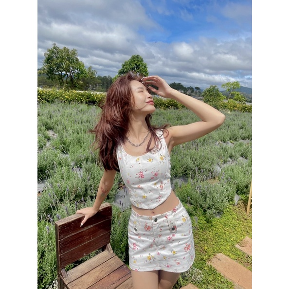 Beachclub- set áo váy kaki in hoa