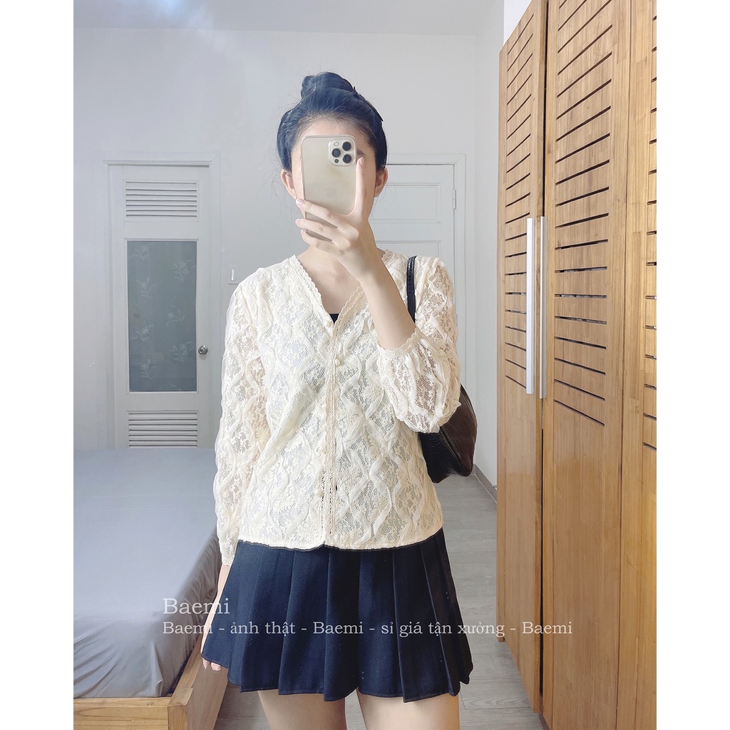 Áo khoác phối ren màu be, dài tay, áo khoác Hàn Quốc, phong cách Ulzzang - S/M