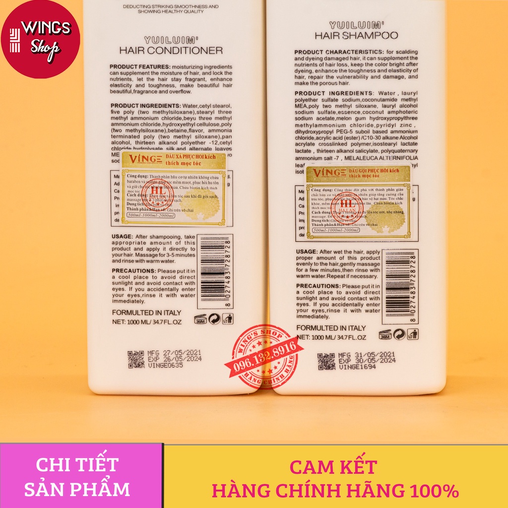 Cặp Dầu Gội Xả Collagen Vinge 1000ML | Giảm Rụng Tóc, Kích Mọc Tóc, Phục Hồi Tóc Hư Tổn | Hàng Chính Hãng