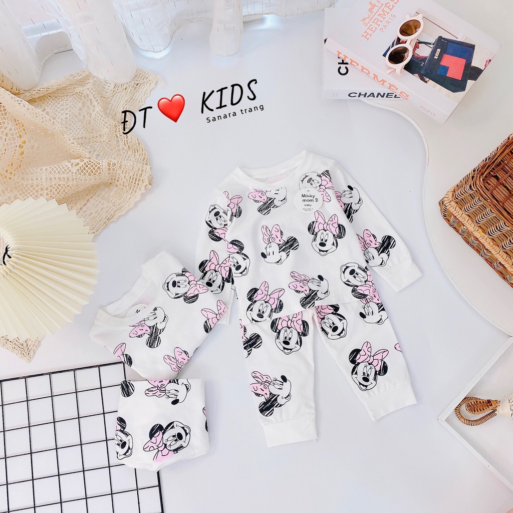 Cặp Bộ Cotton Mickey Nơ Hồng Cho Bé Gái