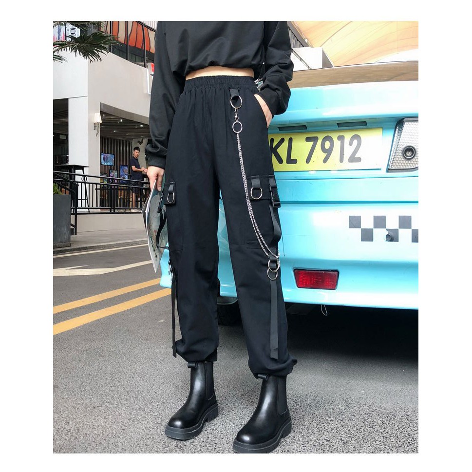 Quần jogger kaki túi hôp xích phối dây thời trang nam nữ/ Quần suông ulzzang ống rộng lưng cao chun bo gấu_veestore