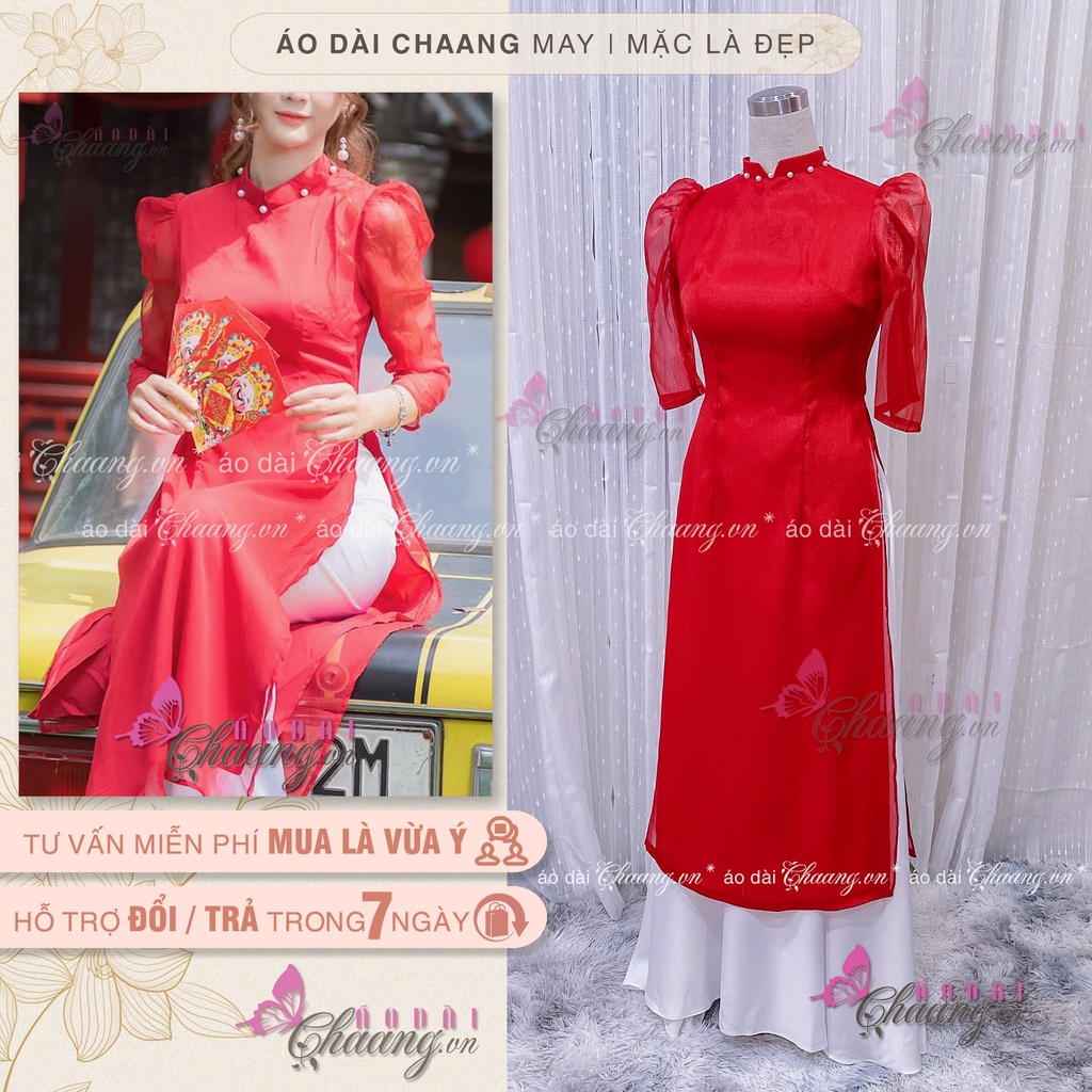 Áo dài cách tân nữ_Chaang_May sẵn áo dài đẹp đính ngọc, tay bồng nữ hoàng xinh