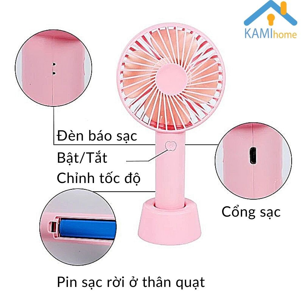 Quạt mini cầm tay và để bàn Pin sạc tích điện có Giá kê điện thoại mã 17015.17008