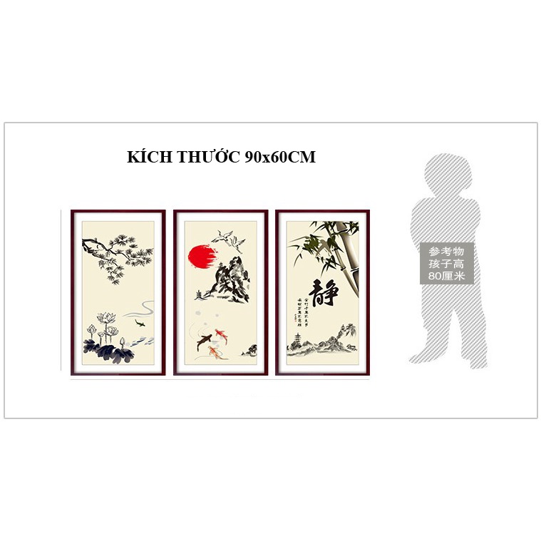 Siêu phẩm tranh dán 3D - Thư pháp phong cách Trung Hoa cổ điển, Miếng dán 3 trong 1 KT 90x60cm