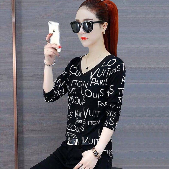 Áo Thun Nữ Tay Dài Cổ Chữ V In Họa Tiết Phong Cách Phương Tây Thời Trang Mùa Thu Mới