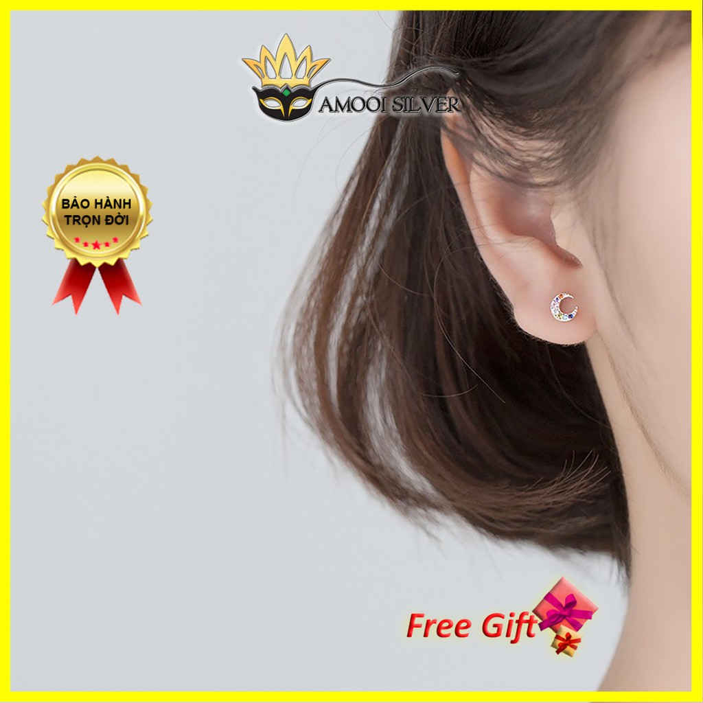 Bông tai bạc S925 mặt trăng nhí đã ngũ sắc - Amooi Silver AB166