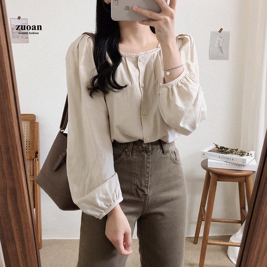 SUXI Áo Sơ Mi Nữ Thiết Kế Tay Dài Màu Trơn Kiểu Hàn Quốc