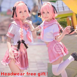 Ready stock Anime Cosplay Fate/Apocrypha Astolfo 1 Set Women Girls Short Sleeve JK Uniform Sailor Suit Dress