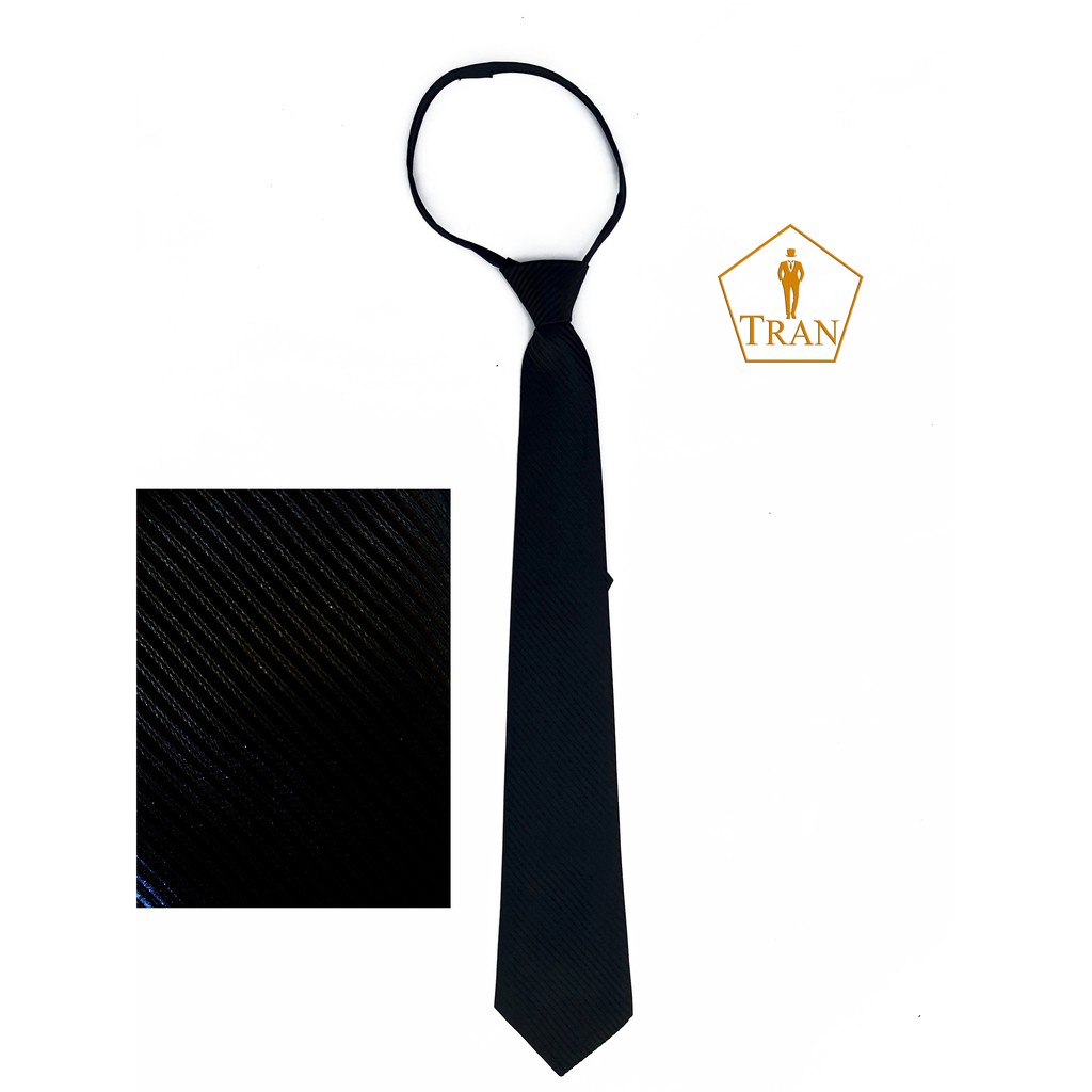 Cà Vạt Đen Sọc Xéo Nổi Dây Kéo Thắt Sẵn 8cm Bản Trung