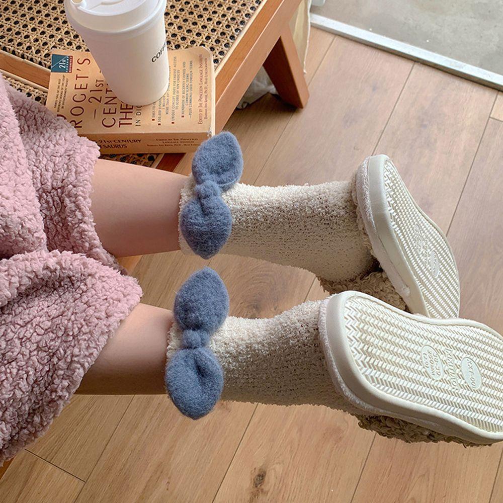 Vớ Ngủ Vải Lông Cừu San Hô Màu Trơn Đính Nơ Dễ Thương Cho Bạn Gái